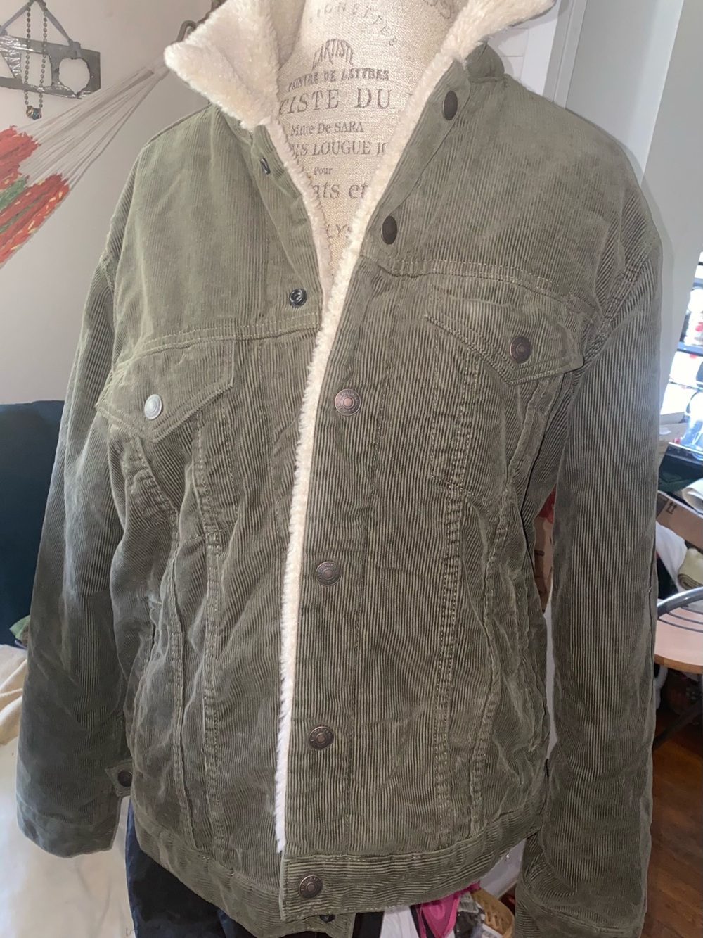 GAP Olive Green Corduroy Jacket with Cream Sherpa Trim